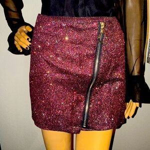 NWT Fashion Nova Move To LA Burgundy Glitter Zip Front Skirt Size Large